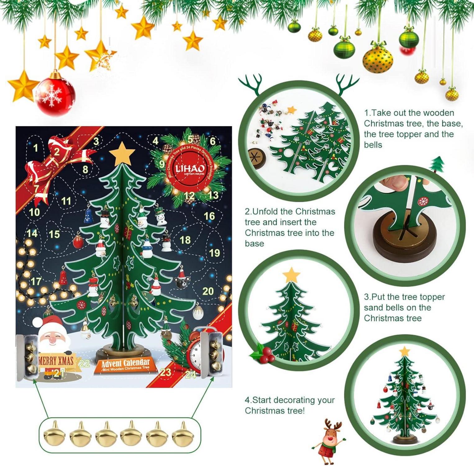 LIHAO Adventskalender Holz Weihnachtsbaum DIY mit 24 Anhänger - Deko, Geschenk, Weihnachten