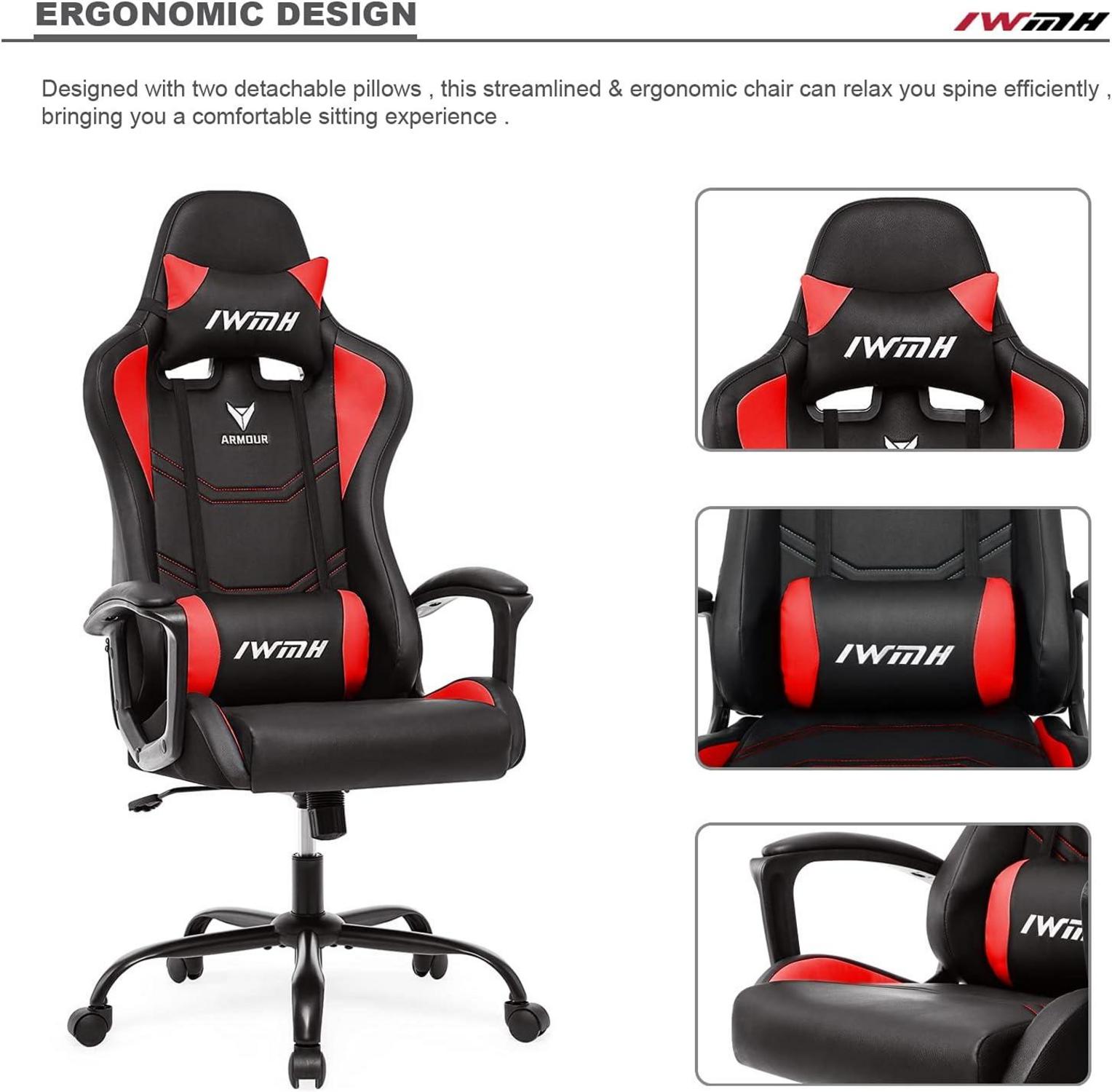 IWMH Gaming Stuhl Rot, Ergonomischer Drehstuhl mit Hoher Rücklehne