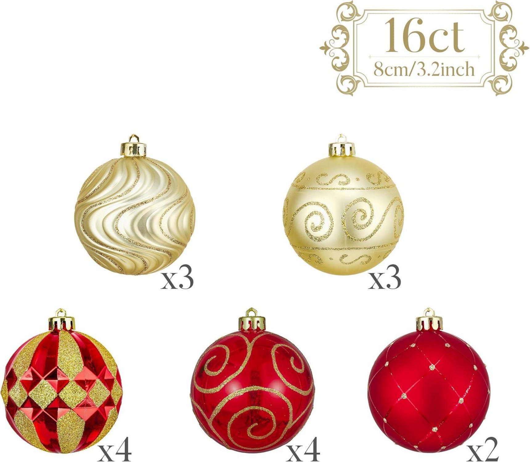 16 Stücke 8CM Kunststoff Weihnachtskugeln Rot Gold