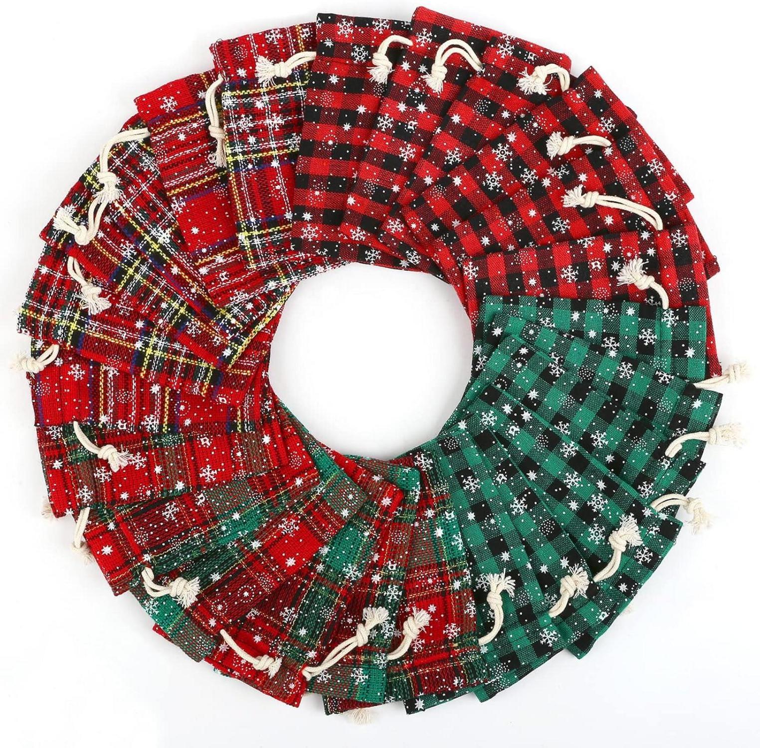 24 Stück Weihnachten Adventskalender Jutesäckchen karierte Stoffbeutel