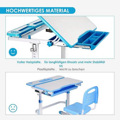 Kinderschreibtisch höhenverstellbar mit Lampe und Stuhl Grau