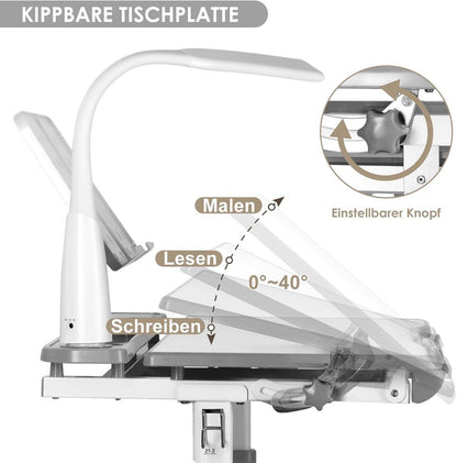 Höhenverstellbarer Kinderschreibtisch mit Lampe und Stuhl Grau