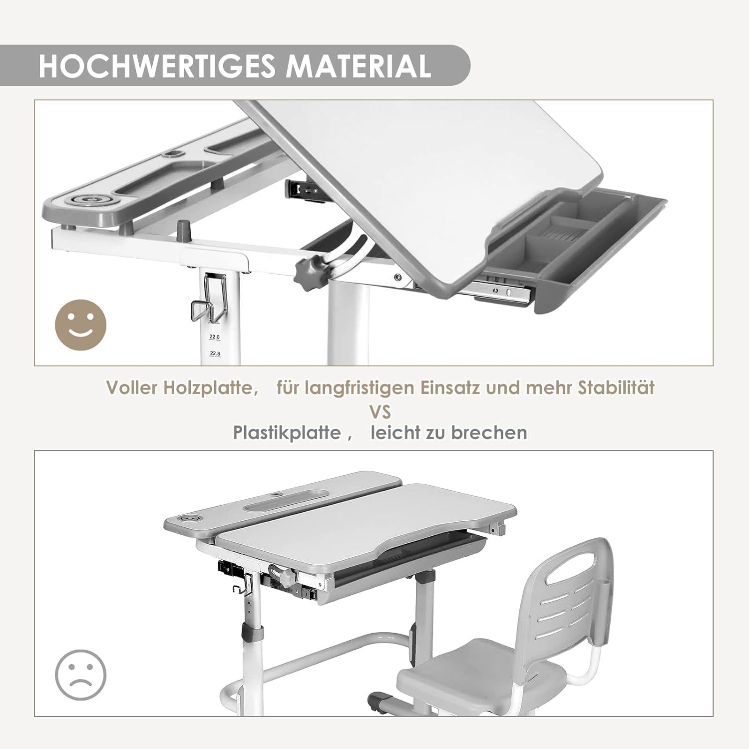 Höhenverstellbarer Kinderschreibtisch mit Lampe und Stuhl Grau