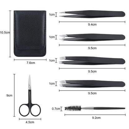 Professionelles 6tlg Pinzetten Set für Augenbrauen mit Ledertasche