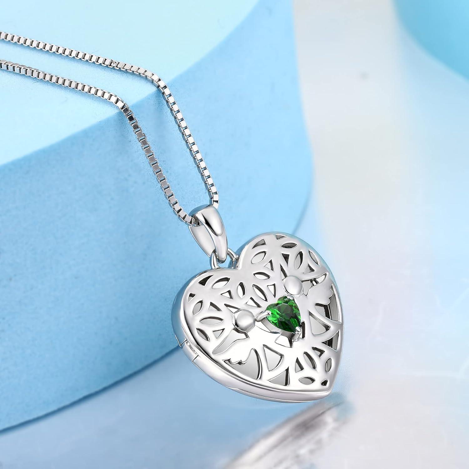 925 Sterling Silber Herz Foto Medaillon Schutzengel Kette Zirkonia