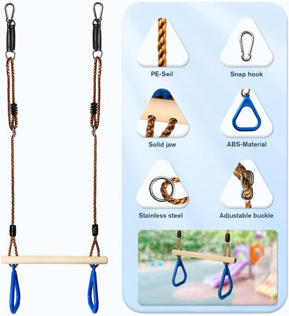 Multifunktions Kinderholz Trapeze Schaukel mit Kunststoff Turnringe
