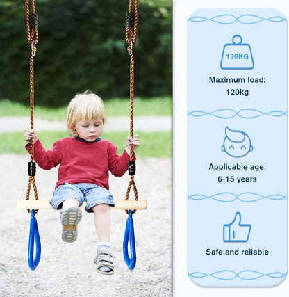 Katomi Multifunktions Kinderholz Trapeze Schaukel mit Turnringe 120KG Blau