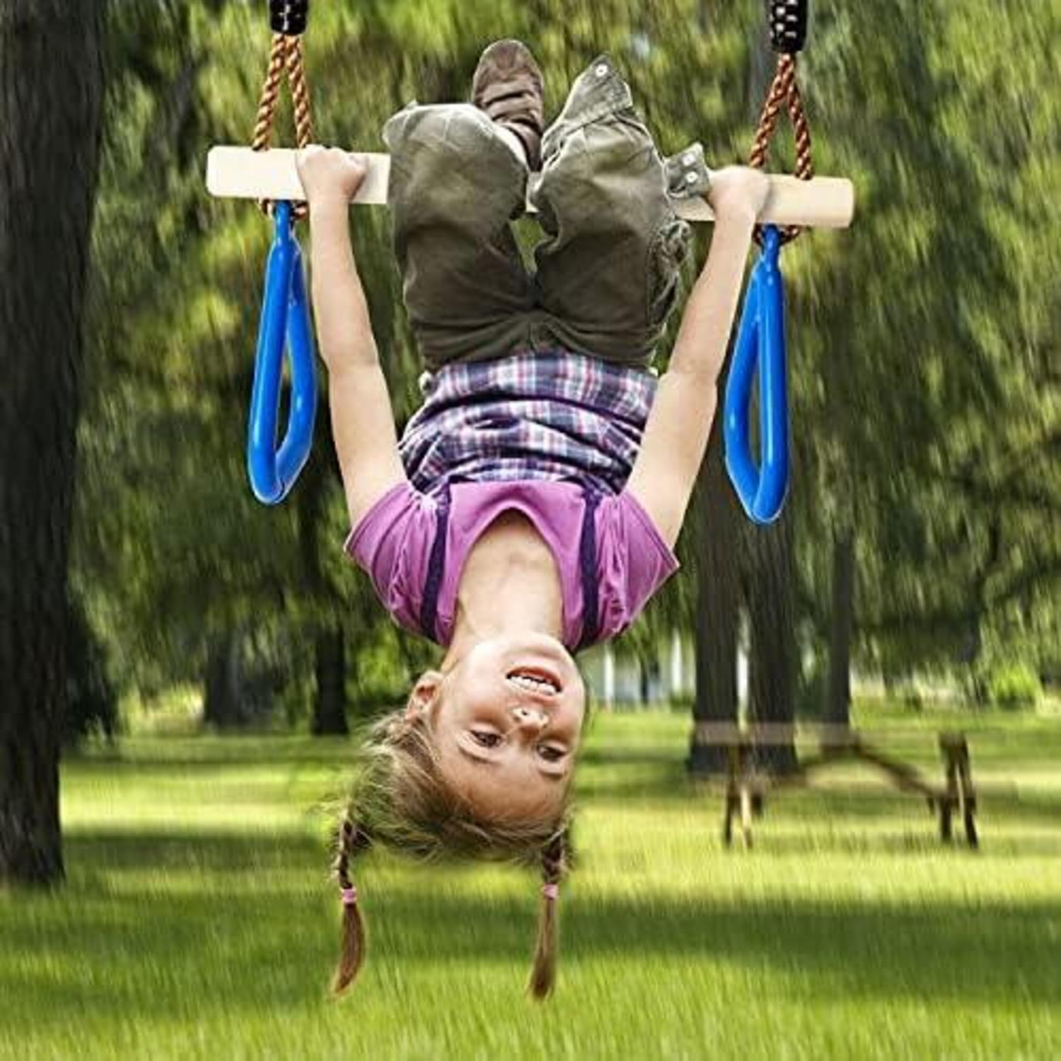 Katomi Multifunktions Kinderholz Trapeze Schaukel mit Turnringe 120KG Blau