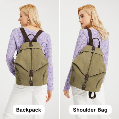 Canvas Rucksack Damen Vintage Daypack mit vielen Fächern Khaki