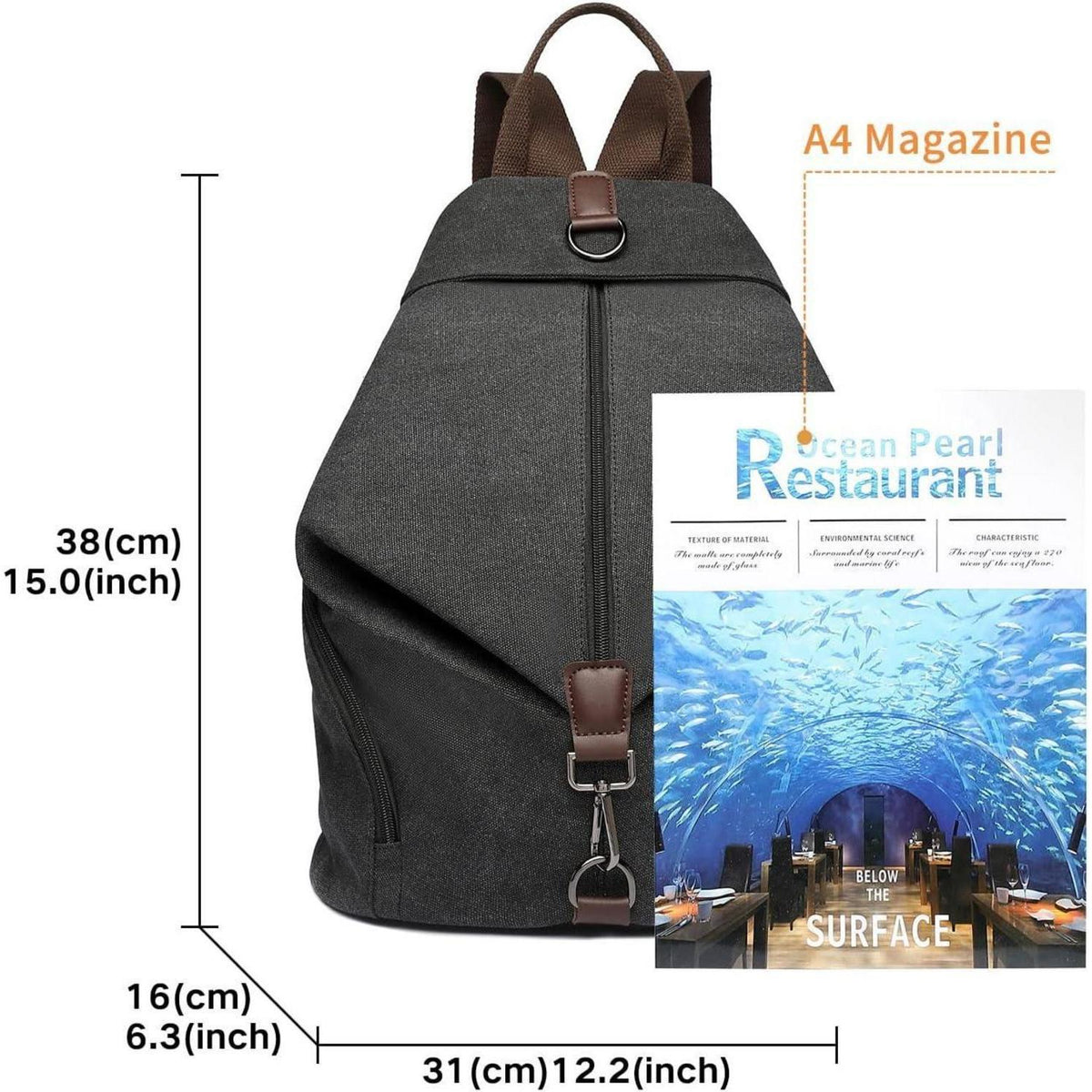 Canvas Rucksack Damen Vintage Daypack mit vielen Fächern, Schwarz