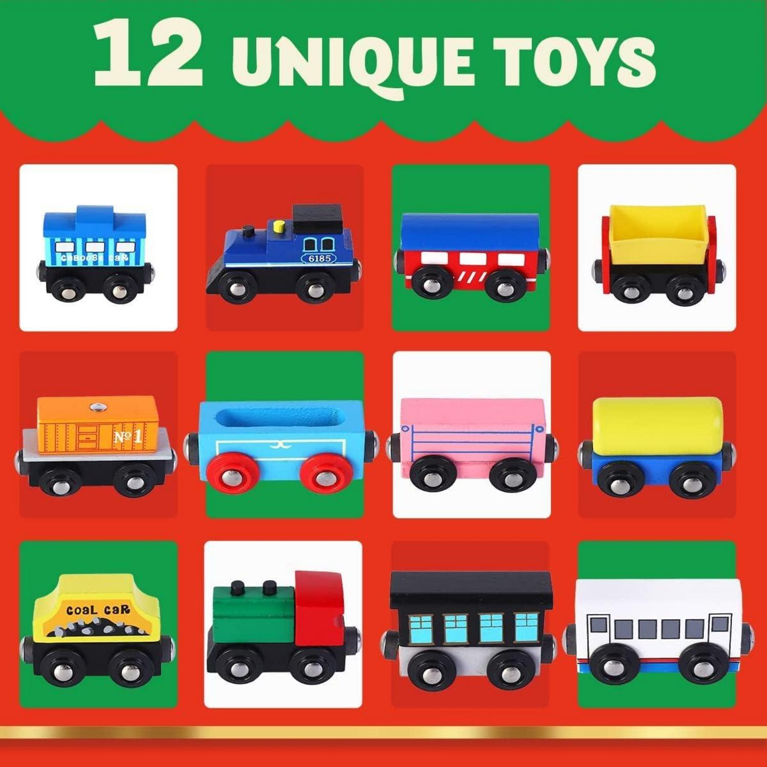 Adventskalender 12-Tage-Countdown mit hölzernen Eisenbahnwaggons