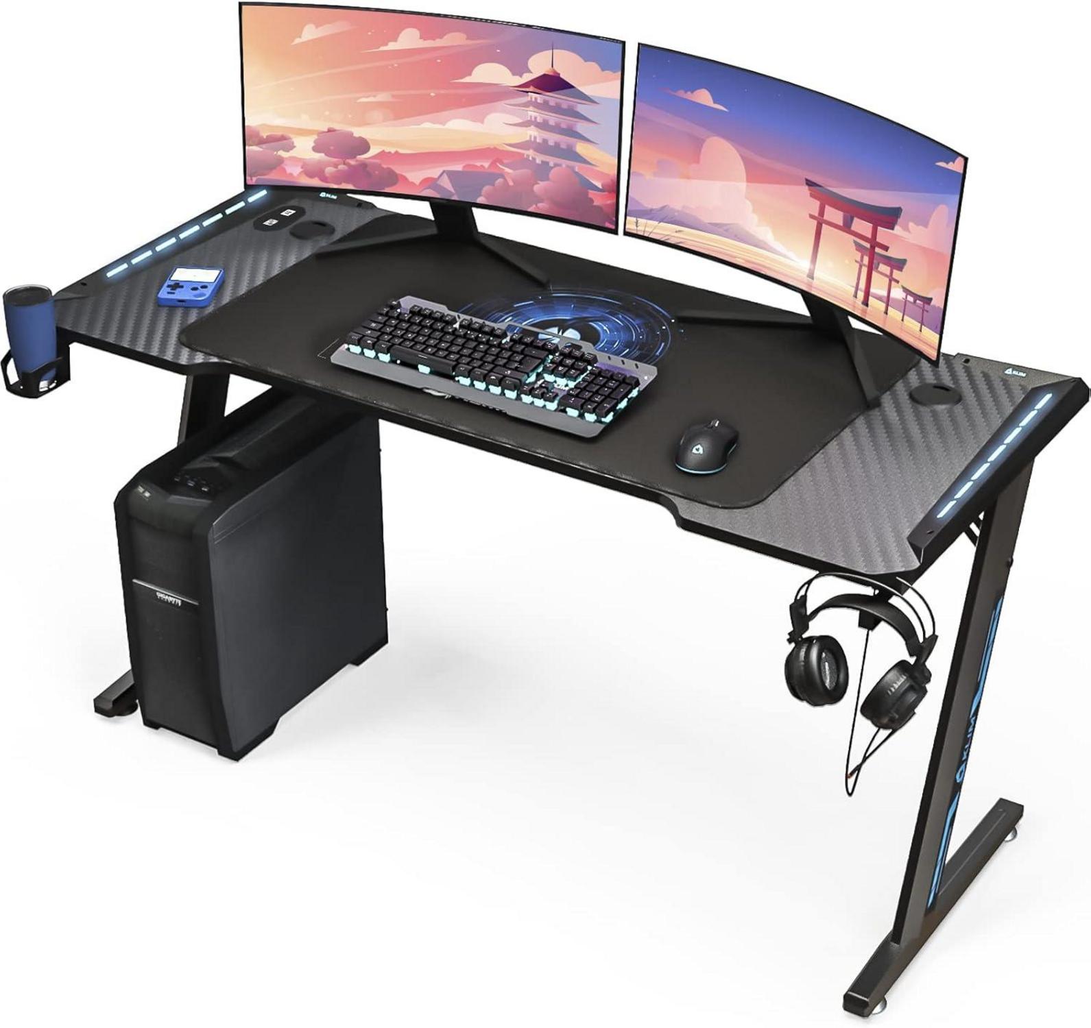 Gaming Schreibtisch mit LED 140x60 cm Kabelmanagement Mauspad