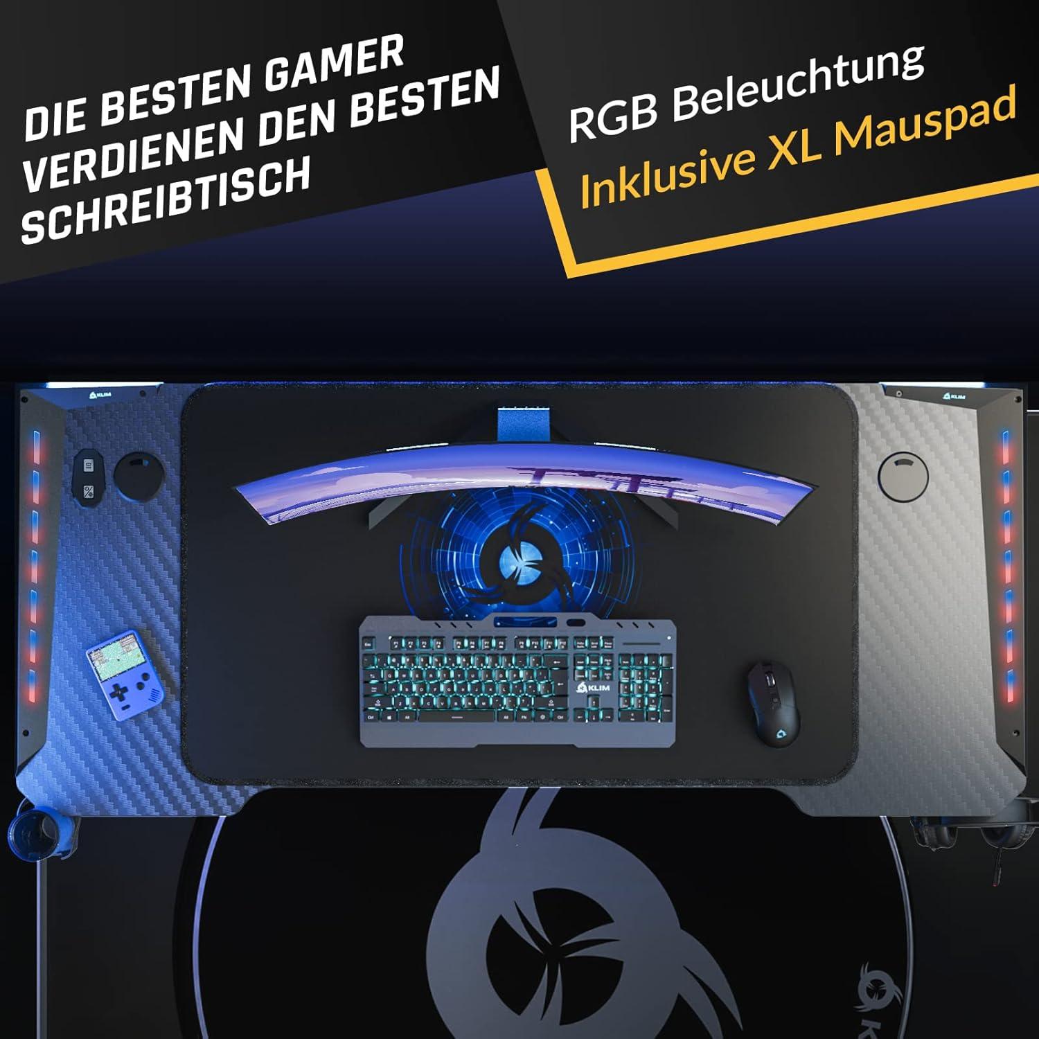 KLIM K140 Gaming Tisch mit LED 140x60cm Kabelmanagement Mauspad Metall Holz