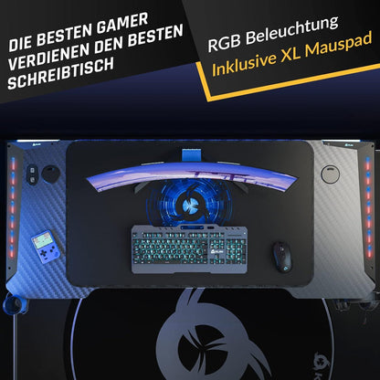 KLIM K140 Gaming Tisch mit LED 140x60cm Kabelmanagement Mauspad Metall Holz