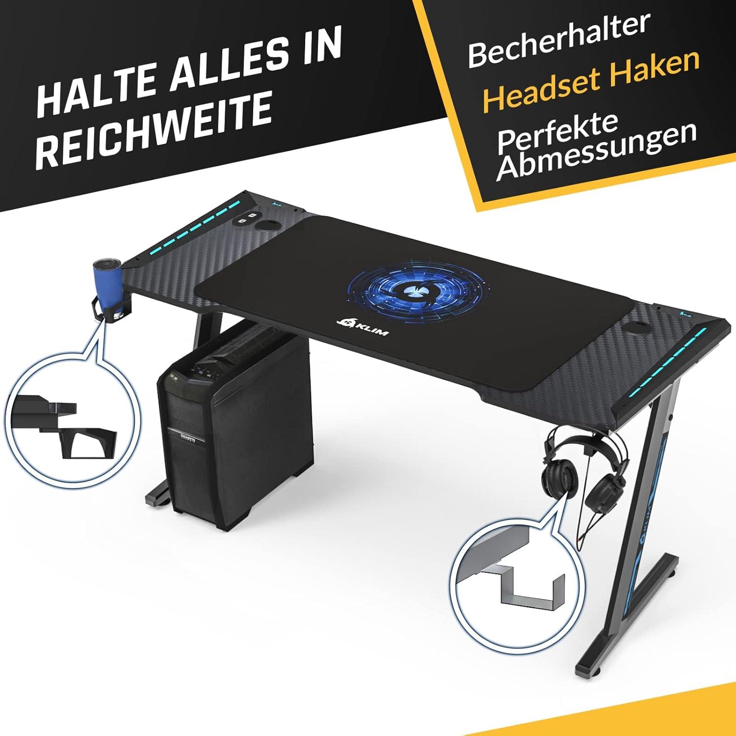 Gaming Tisch mit LED 140x60 cm Kabelmanagement Mauspad Holz