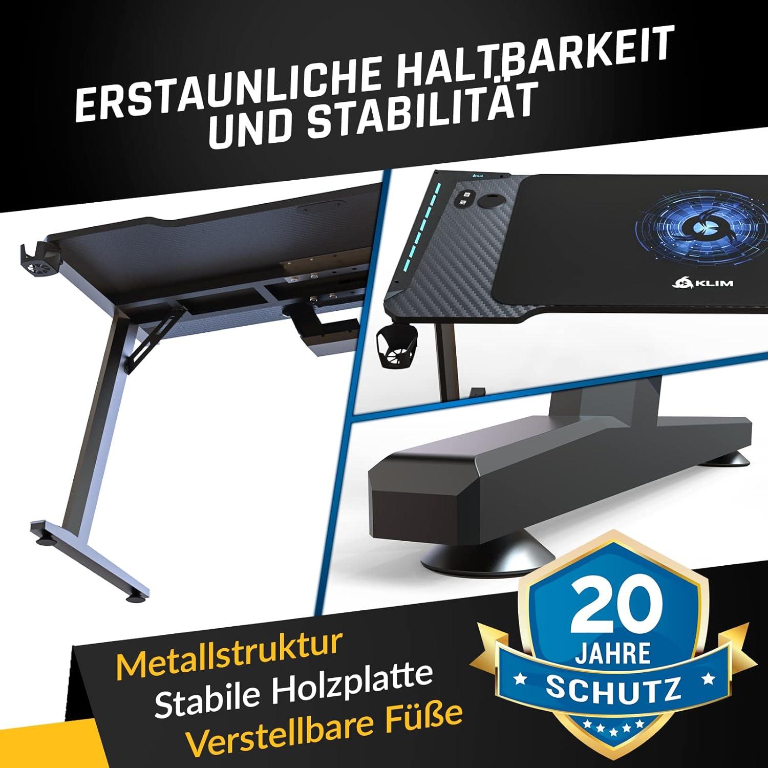 Gaming Schreibtisch KLIM K140 140x60 cm LED Kabelmanagement Mauspad Holz Metall
