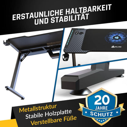 Gaming Schreibtisch KLIM K140 140x60 cm LED Kabelmanagement Mauspad Holz Metall