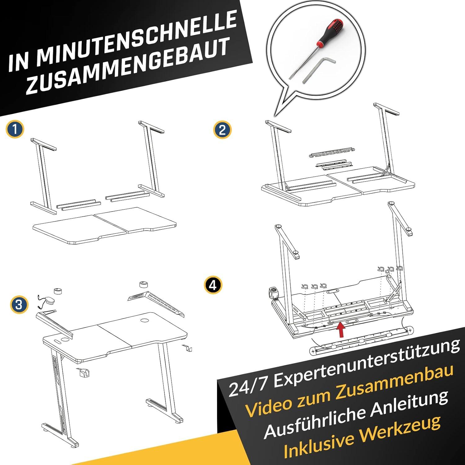 KLIM K140 Gaming Tisch mit LED 140x60cm Kabelmanagement Mauspad Metall Holz