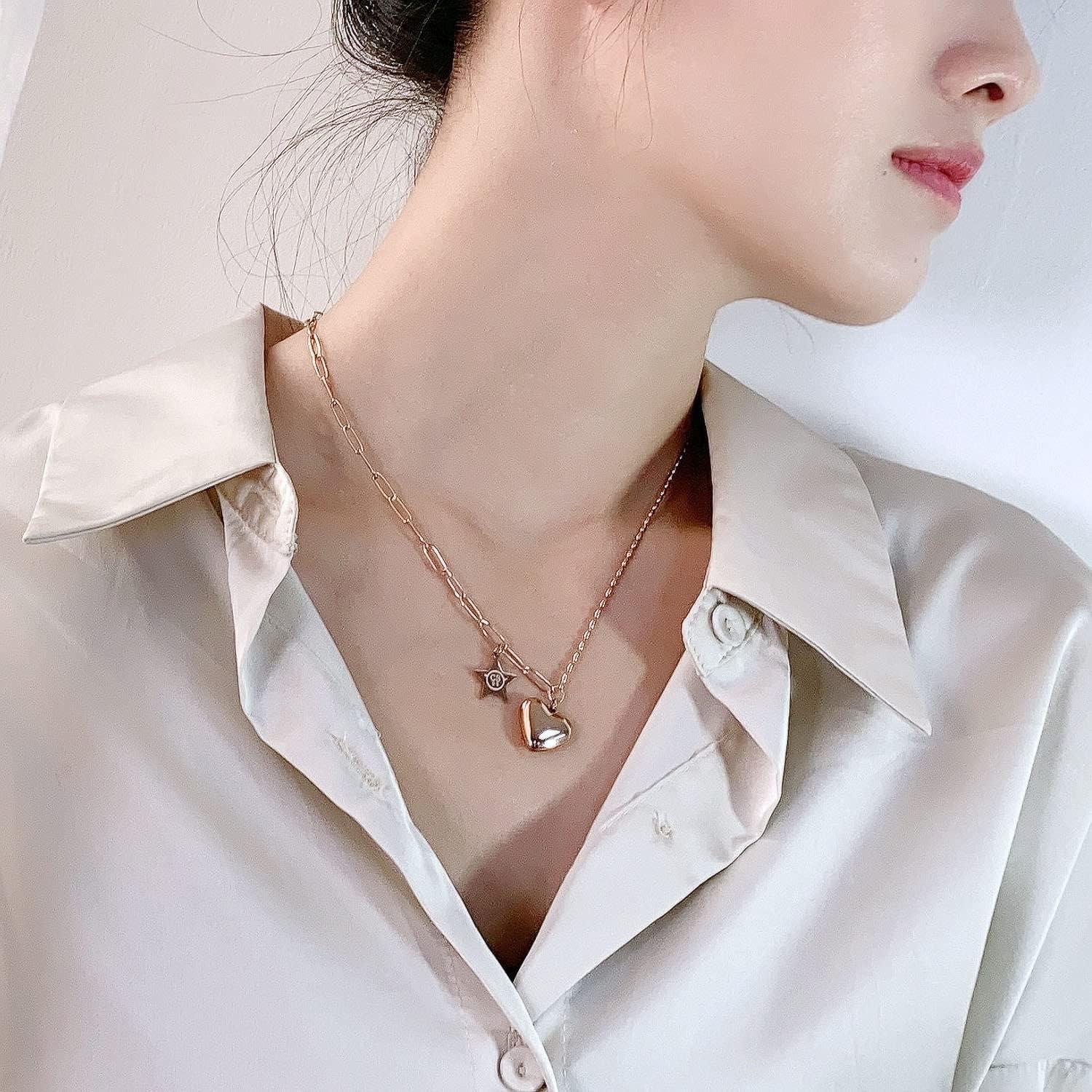 Damen Herz Halskette Rosegold Titan Edelstahl Anhänger Stern Modeschmuck