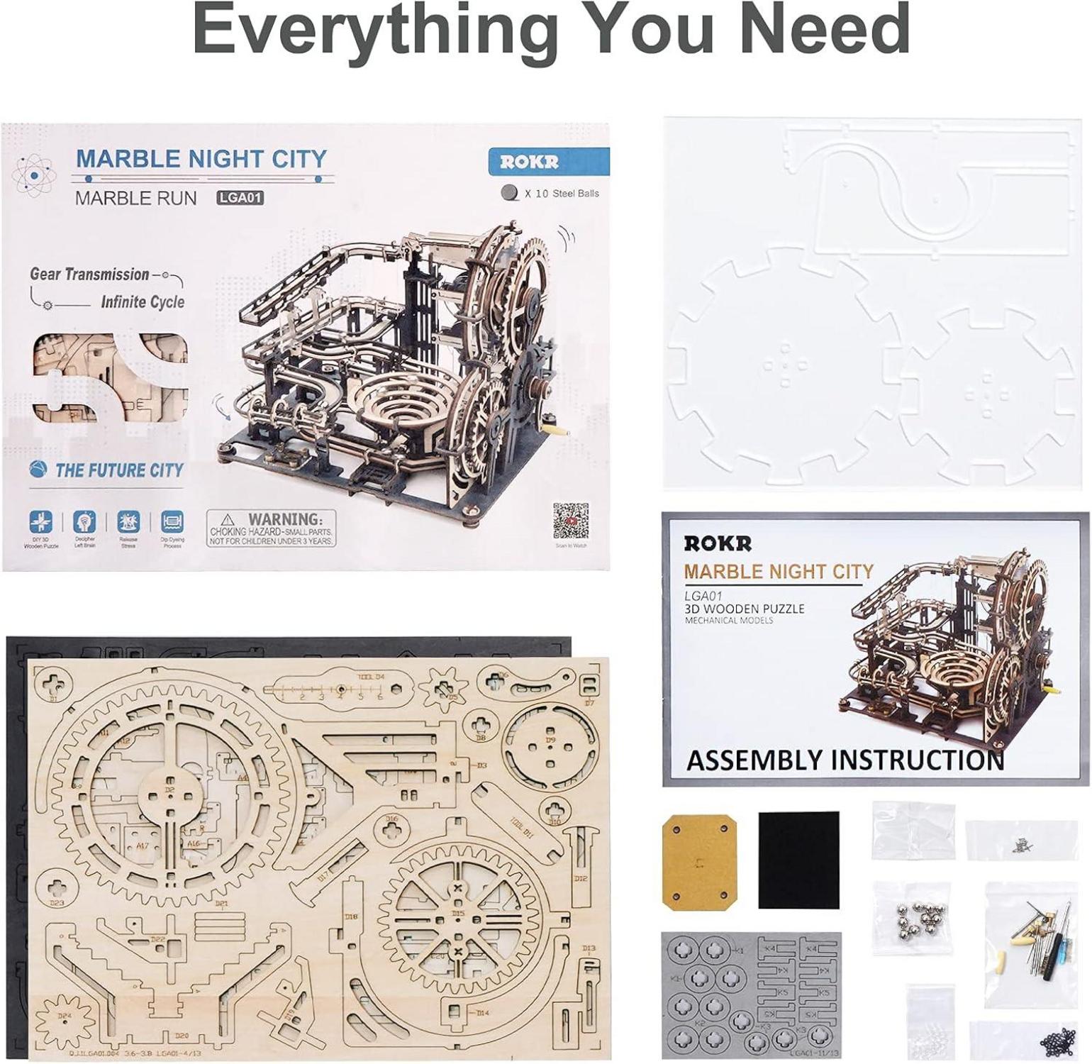 3D Holzpuzzle Kugelbahn Bausatz +10 Stahlkugeln Murmeln Night City