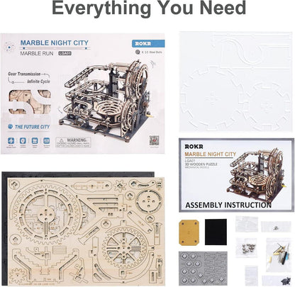 3D Holzpuzzle Kugelbahn Bausatz +10 Stahlkugeln Murmeln Night City