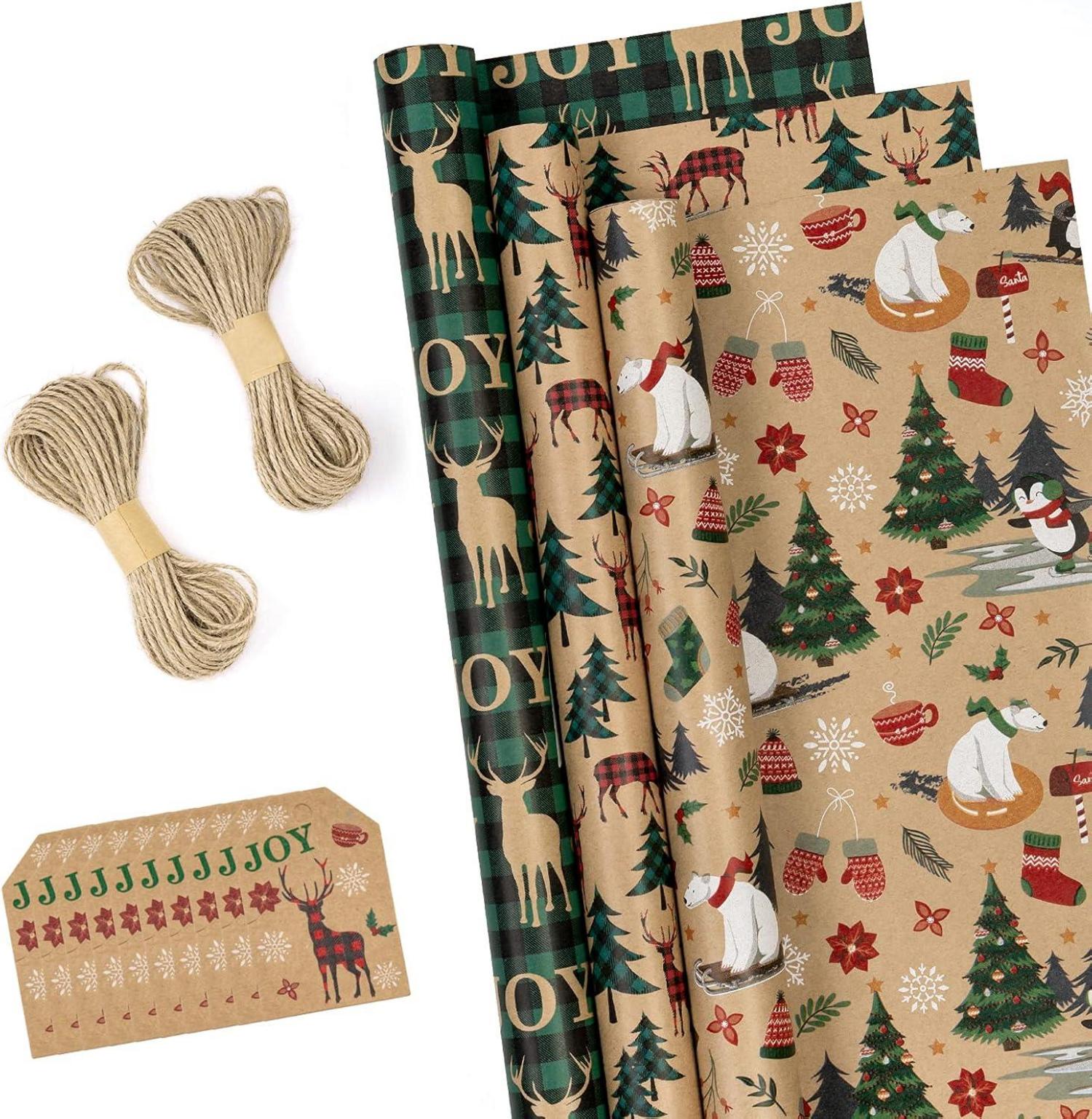 Weihnachtsgeschenkpapier Set mit Etiketten und Juteschnur 3 Rollen