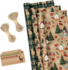 Weihnachtsgeschenkpapier Set mit Etiketten und Juteschnur 3 Rollen