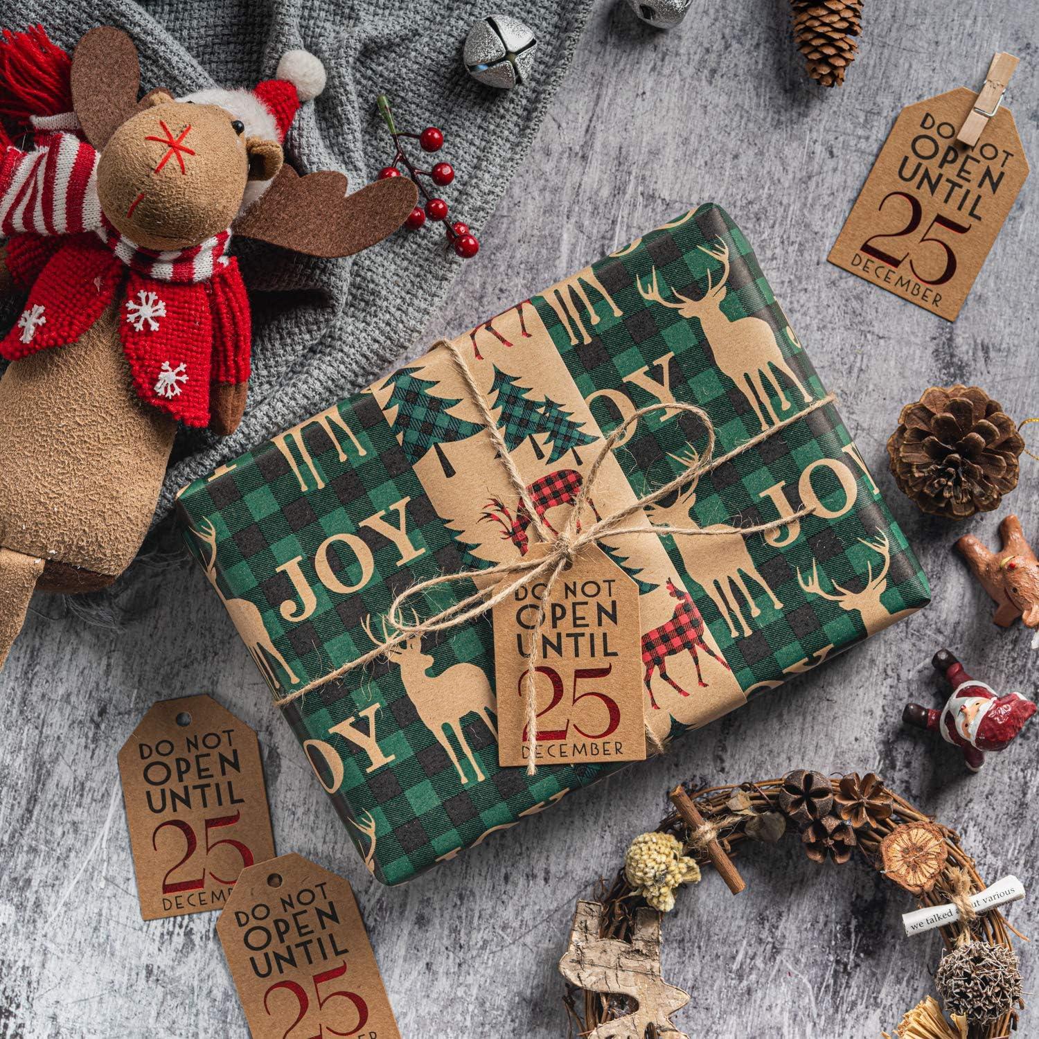 Weihnachtsgeschenkpapier Set mit Etiketten und Juteschnur 3 Rollen