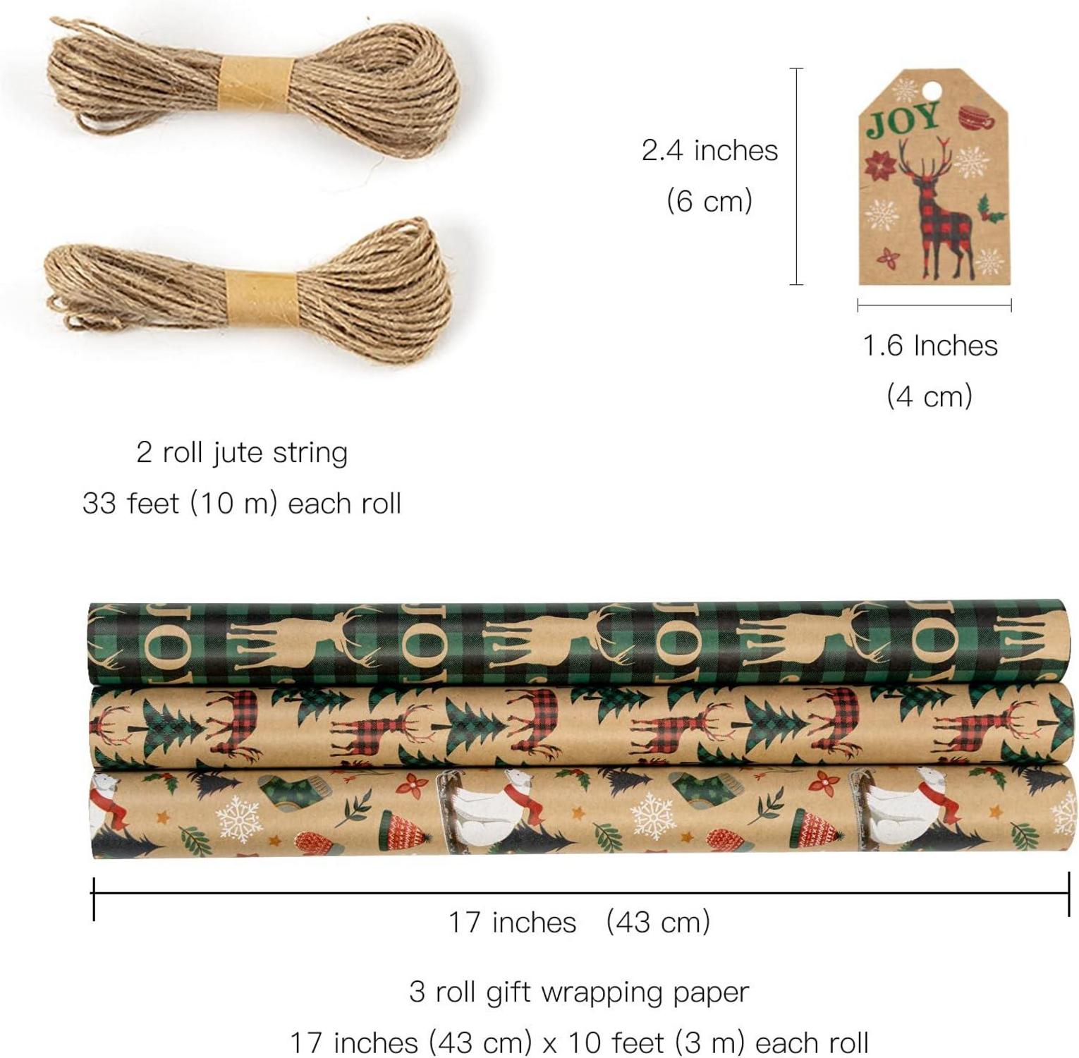 Weihnachtspapier 3 Rollen 43cmx3m Juteschnur Geschenkanhänger - Green Buffalo