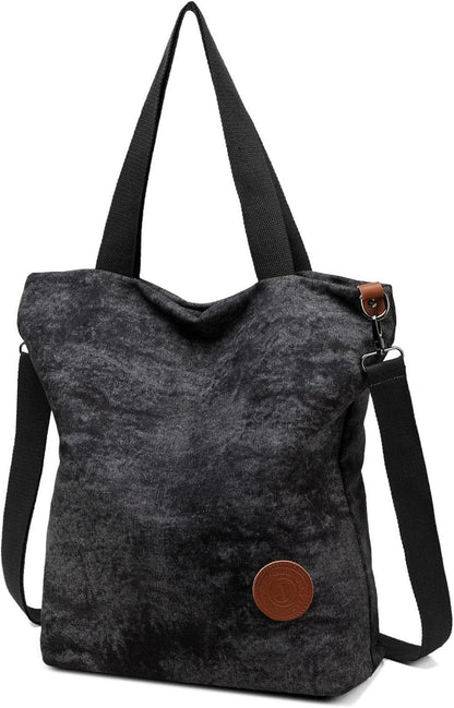 JANSBEN Damen Canvas Handtasche Schultertasche Multifunktion Groß Schwarz