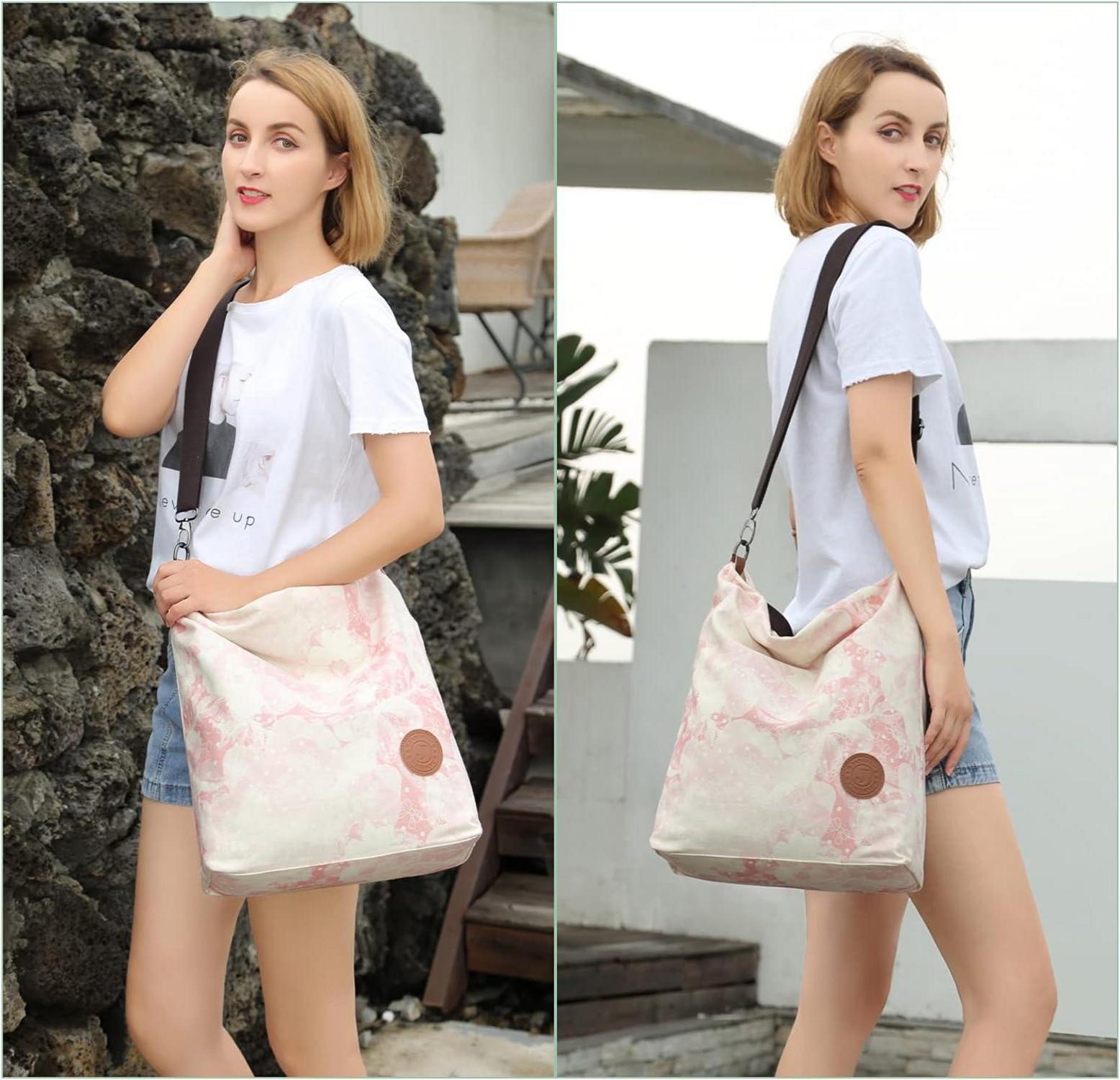 Canvas Schultertasche Damen Groß Multifunktional Pink Umhängetasche