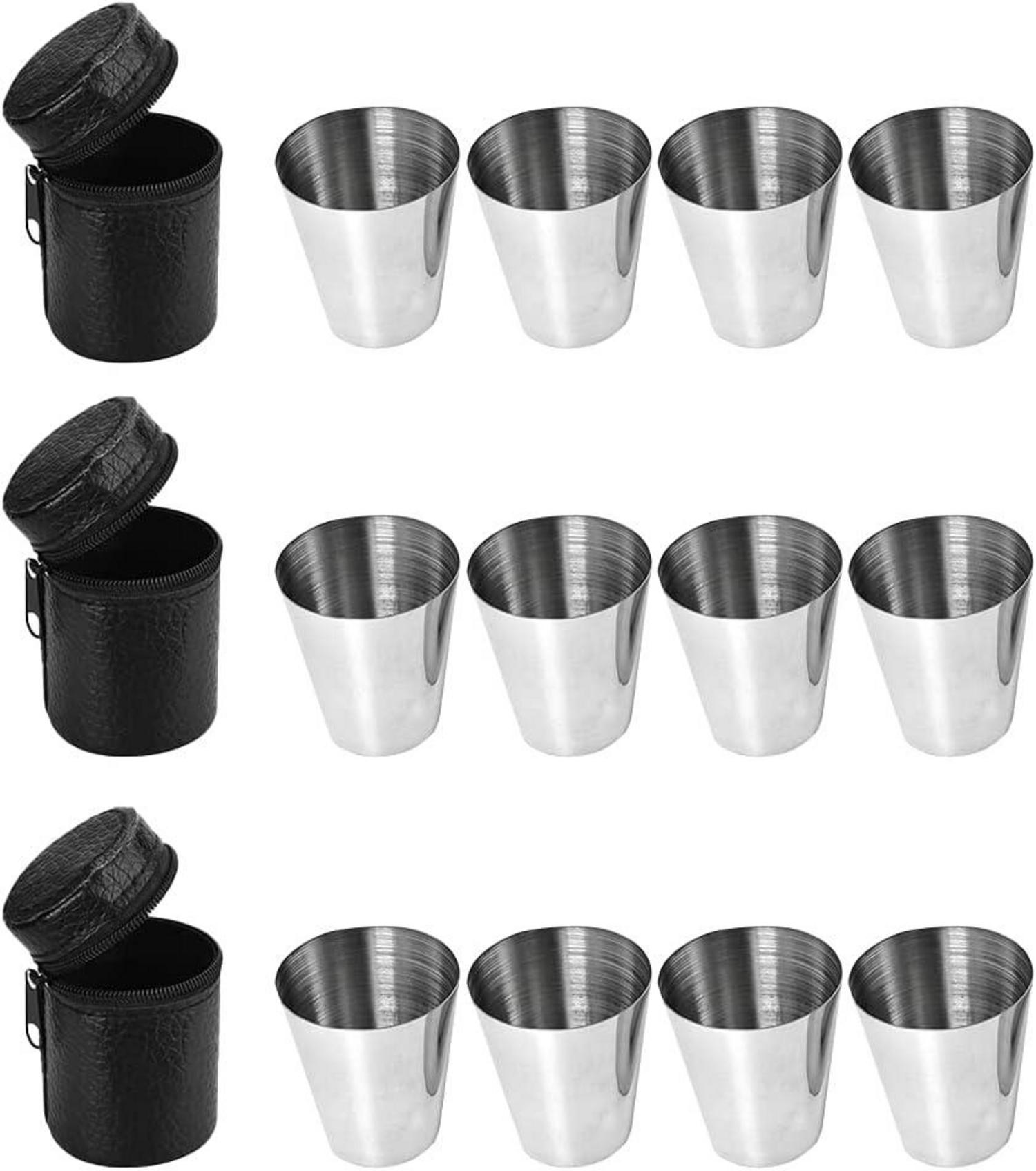 12-teiliges Edelstahl Schnapsgläser Set mit Leder-Tasche