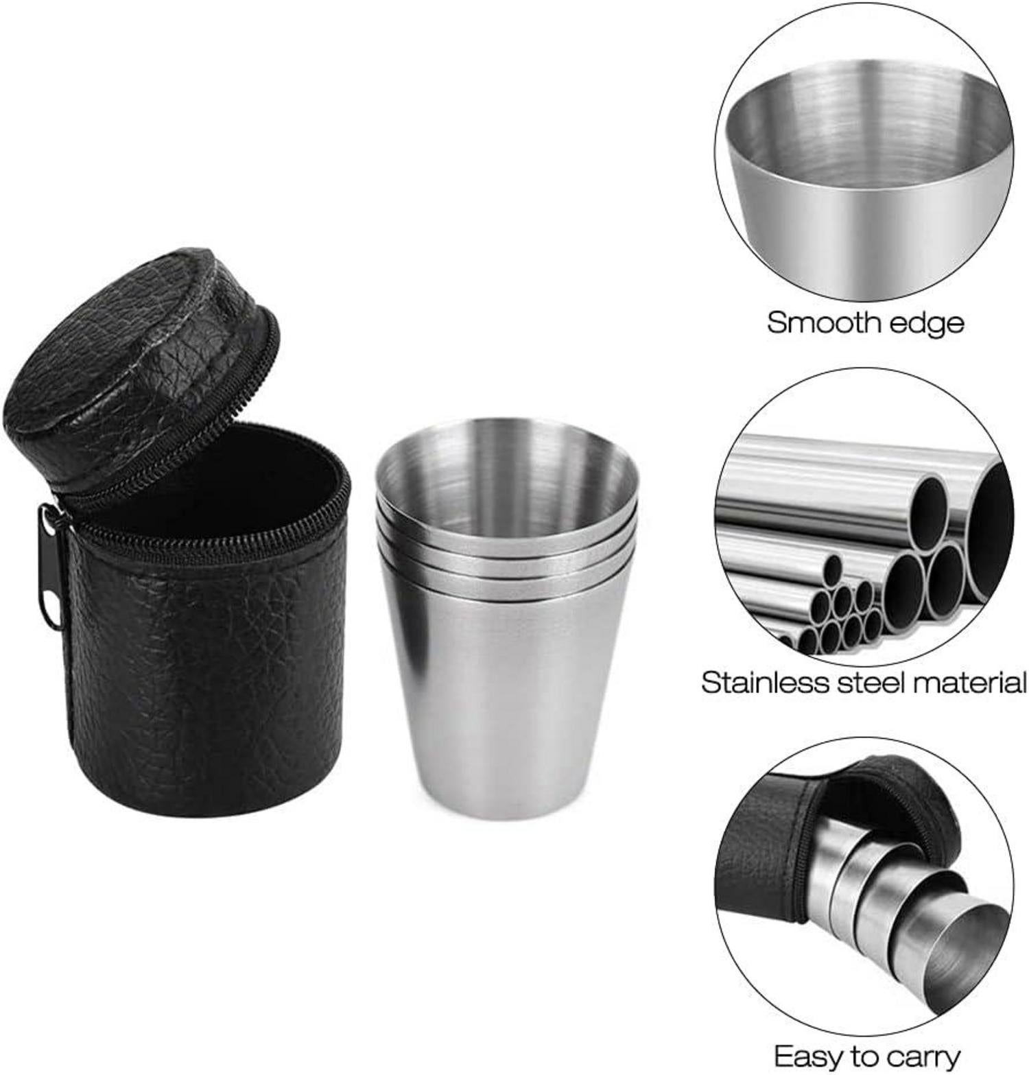 12-teiliges Edelstahl Schnapsgläser Set mit Leder-Tasche