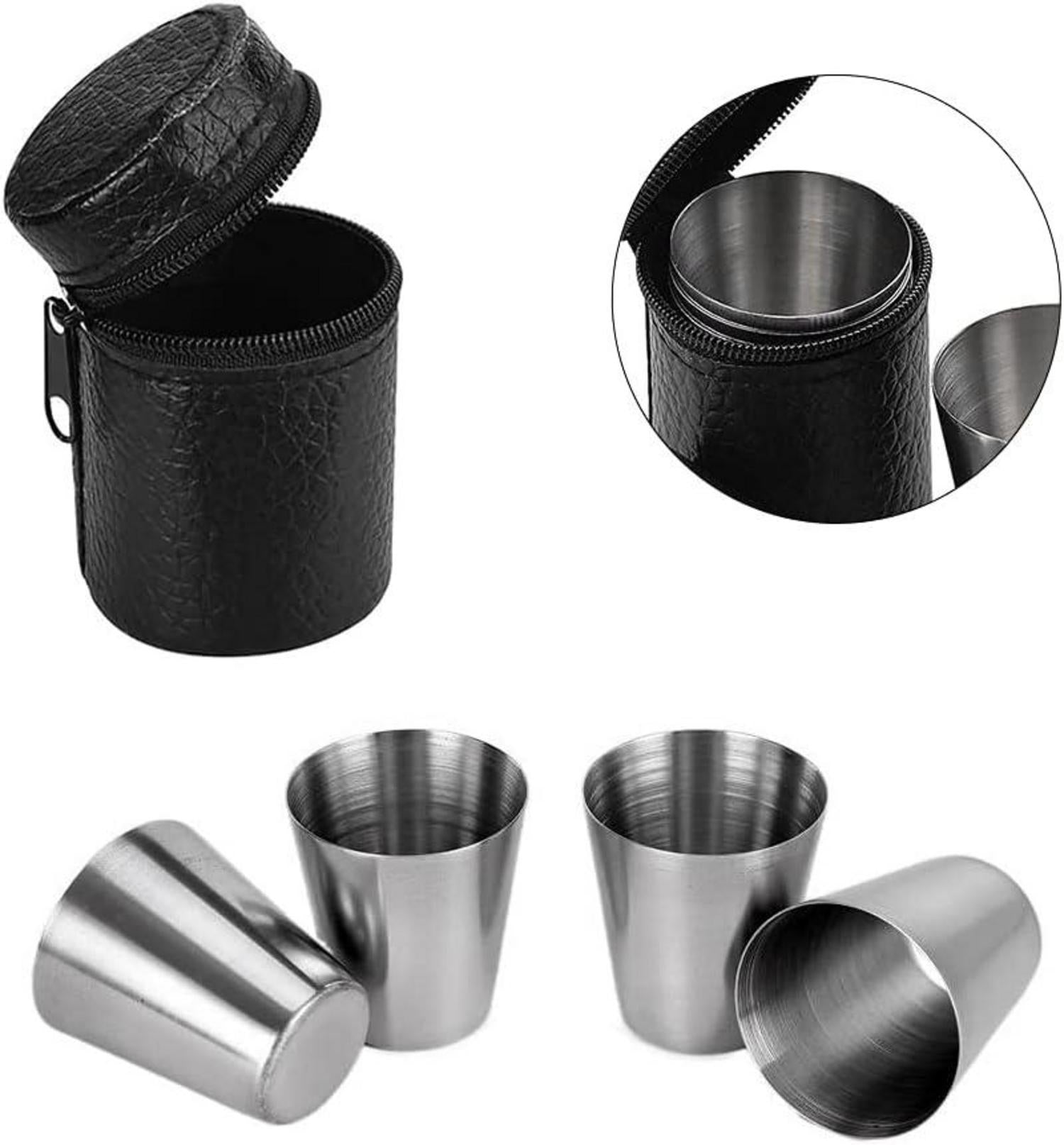 Edelstahl Schnapsbecher Set mit Leder-Tasche, 12 Stück