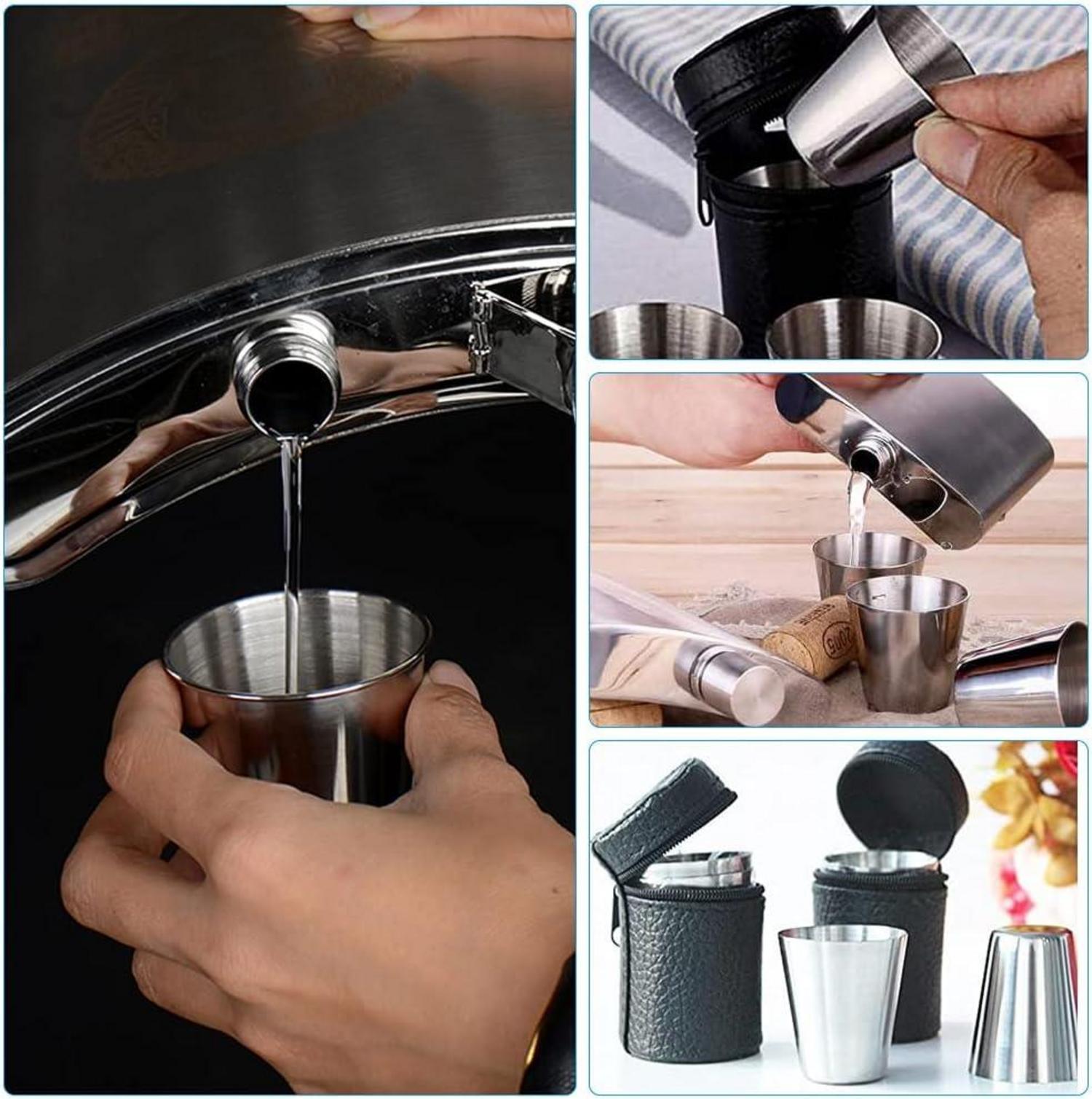 12er Set Edelstahl Schnapsgläser mit Leder-Tasche - Metallbecher