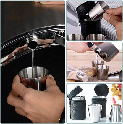 12er Set Edelstahl Schnapsgläser mit Leder-Tasche - Metallbecher