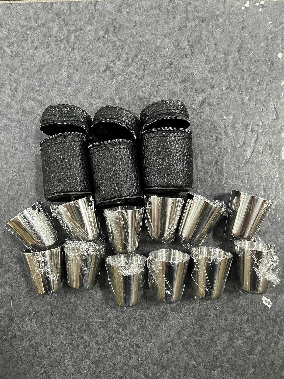 Edelstahl Schnapsbecher Set mit Leder-Tasche, 12 Stück