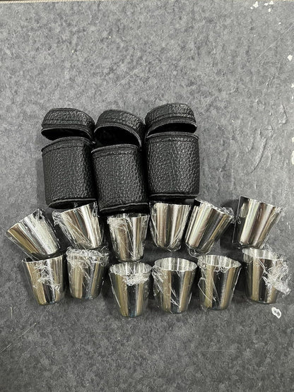 Edelstahl Schnapsbecher Set mit Leder-Tasche, 12 Stück