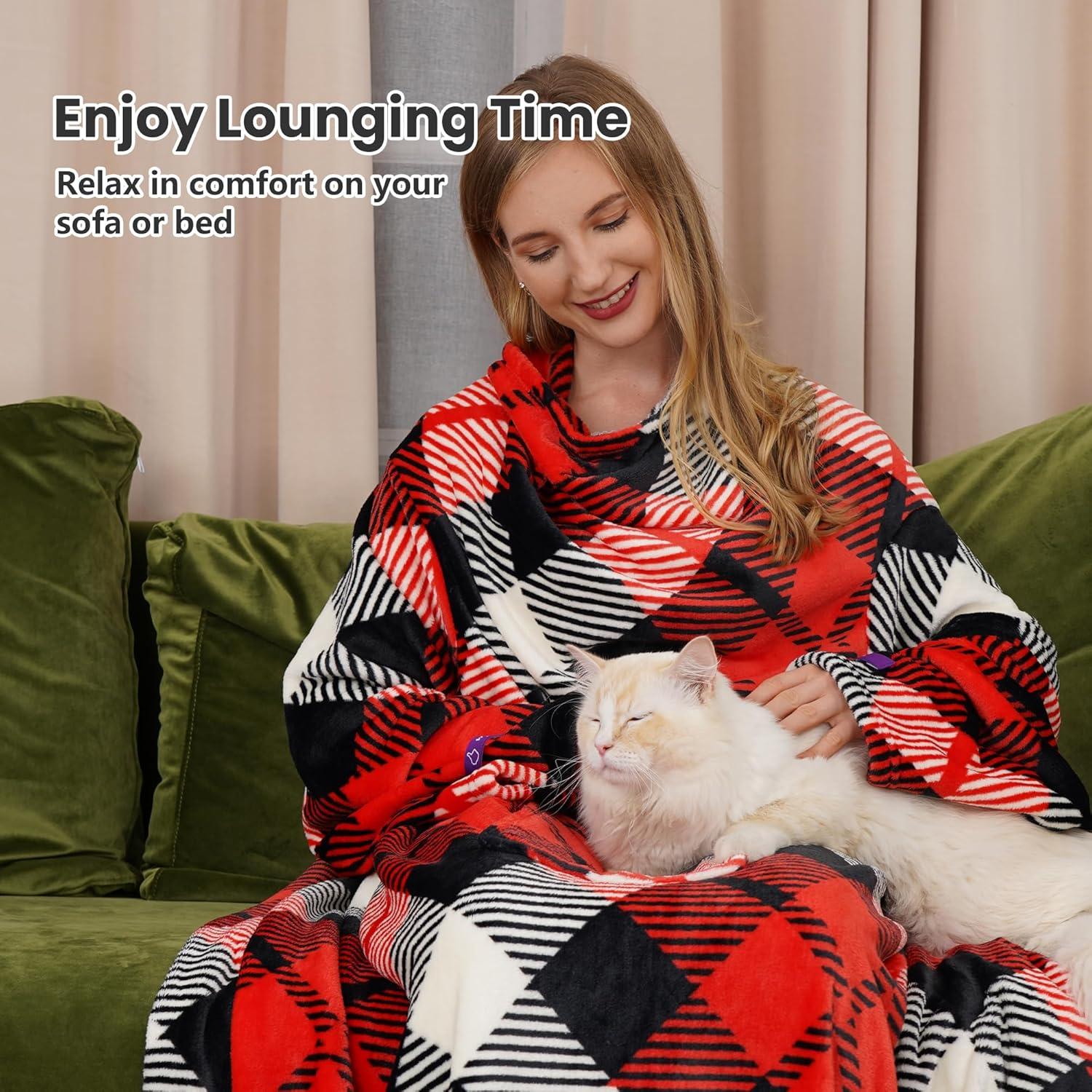 Ärmeldecke Kuscheldecke mit Klettverschluss TV Decke Rote Plaid