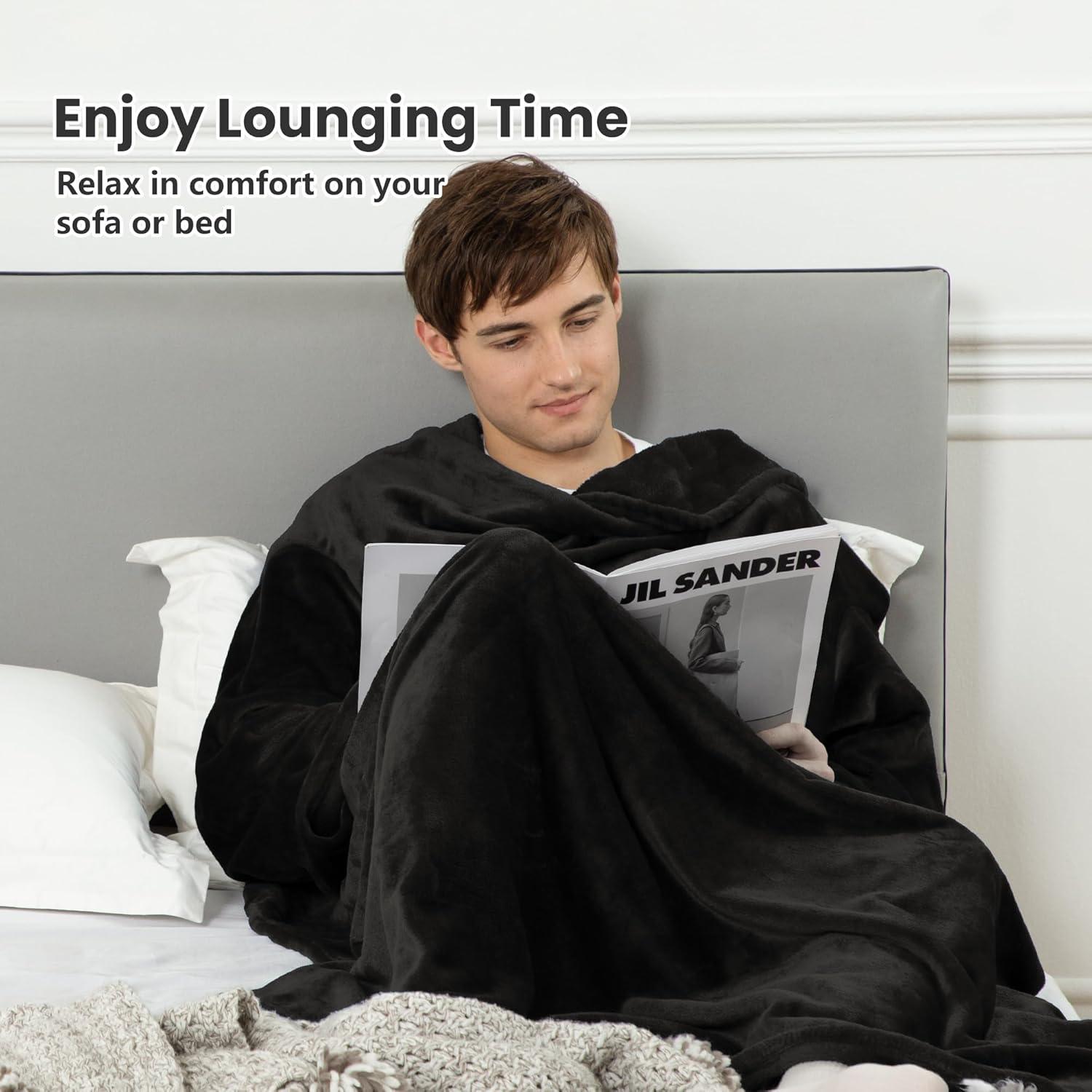 Soft Flauschige Ärmeldecke mit Klettverschluss in Schwarz 140x170cm