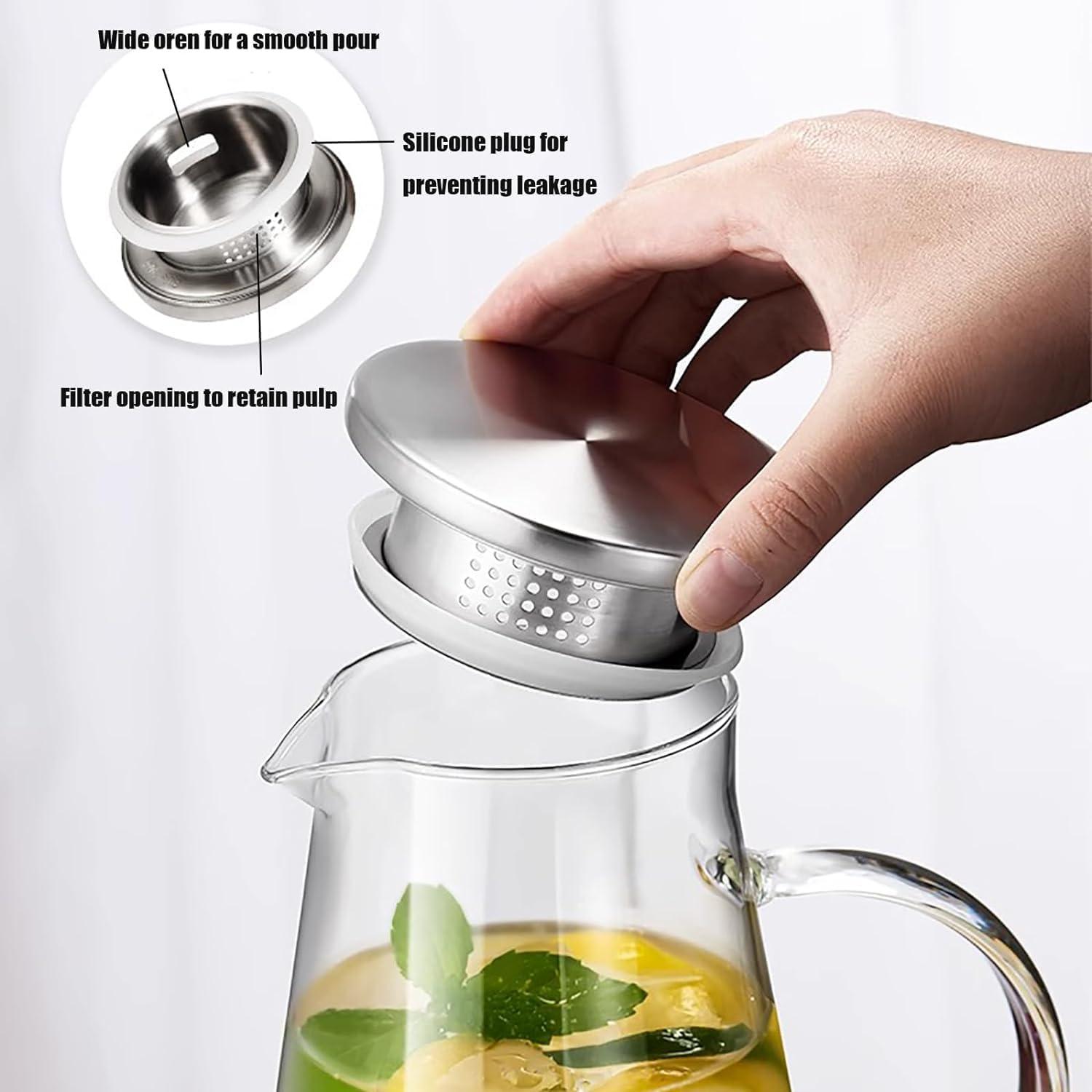 2 Liter Glaskaraffe mit Edelstahl Ausgießer und Filterdeckel