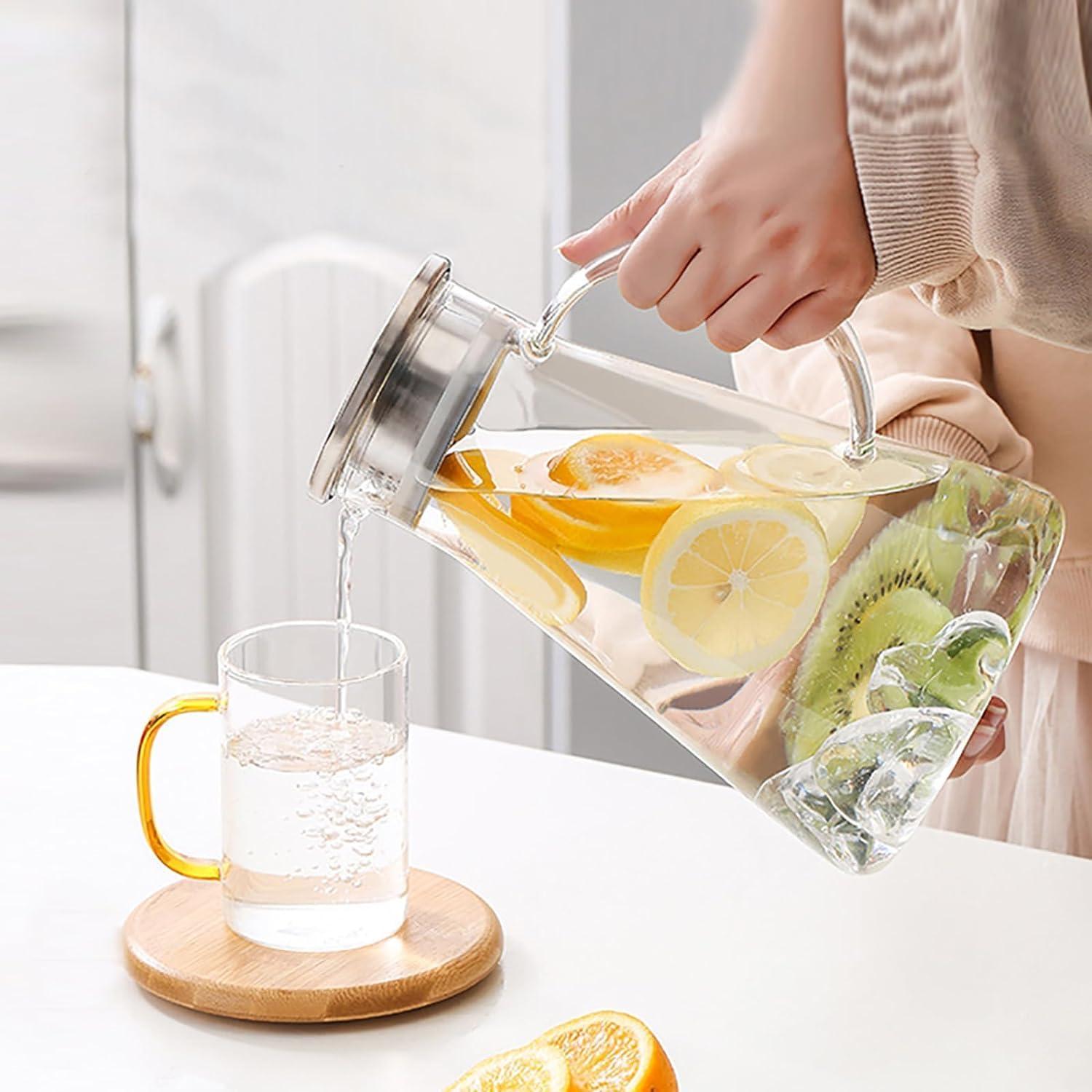 Glaskaraffe 2 Liter Borosilikatglas Edelstahl Ausgießer Eistee Wein