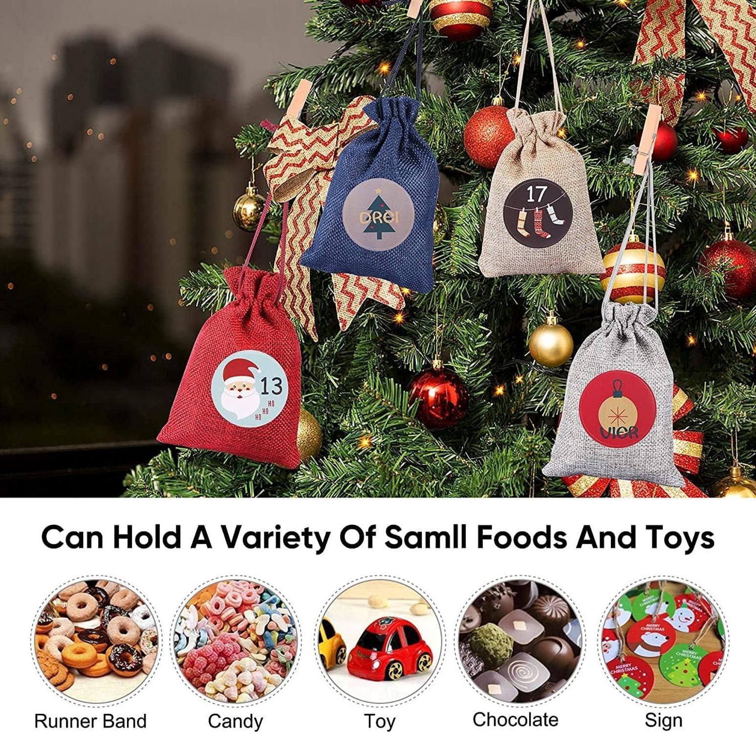 24 Adventskalender Stoffbeutel Jutesäckchen DIY Befüllen 48 Aufkleber