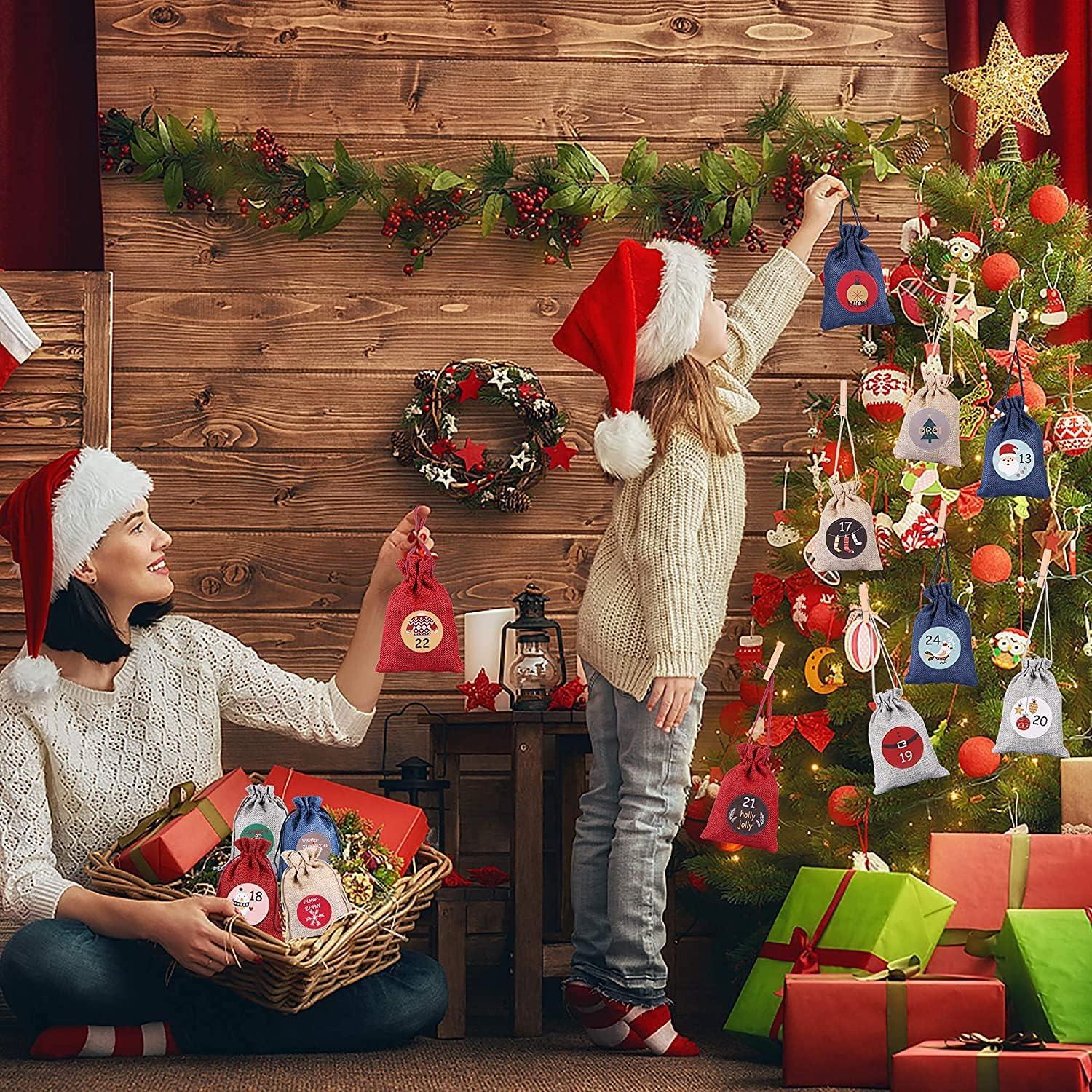 24 Adventskalender Stoffbeutel Jutesäckchen DIY Befüllen 48 Aufkleber