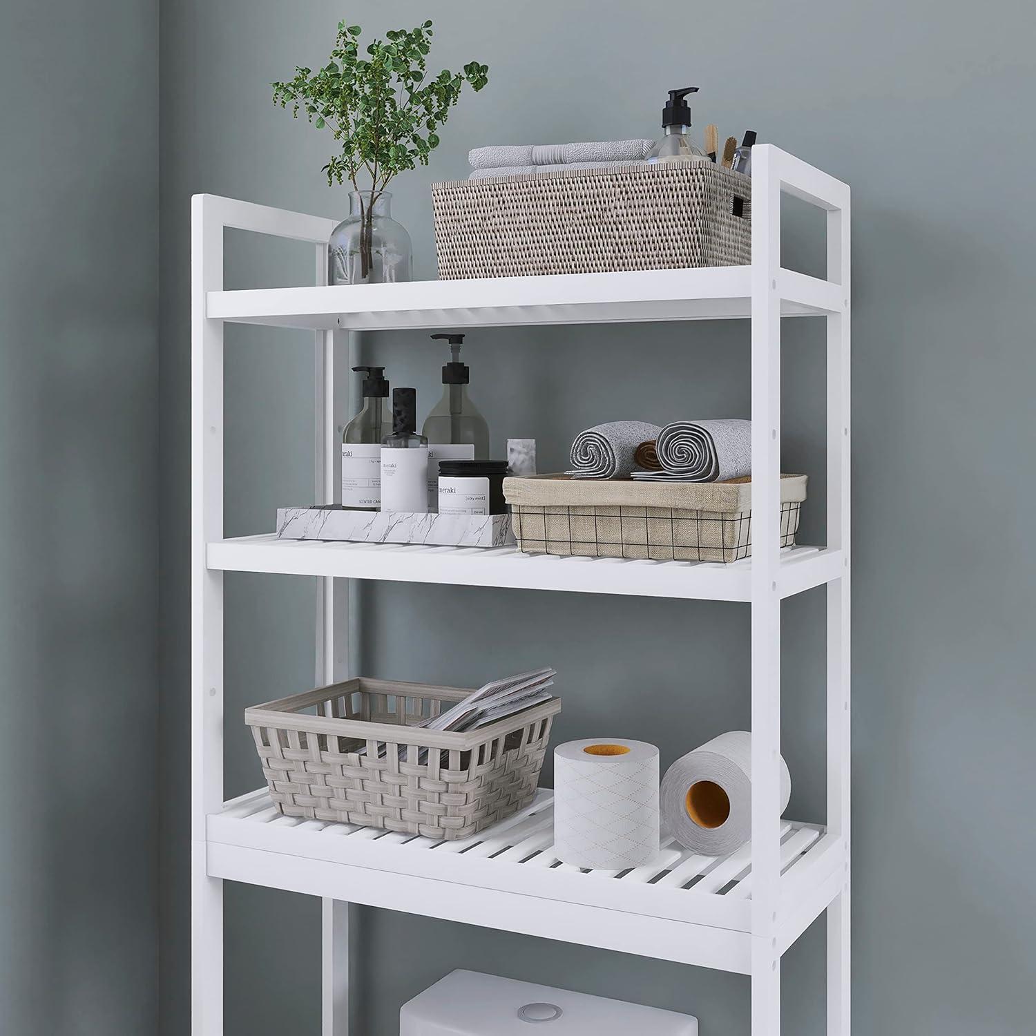 SMIBUY Bambus WC Regal 3 Ablageflächen Weiß 63x26x170cm