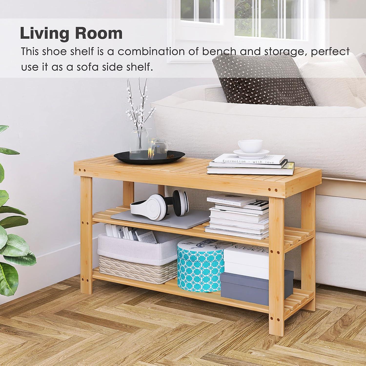 Schuhbank aus Bambus mit Sitzbank und 3 Ablagen 86 x 28.5 x 45.5 cm Natur