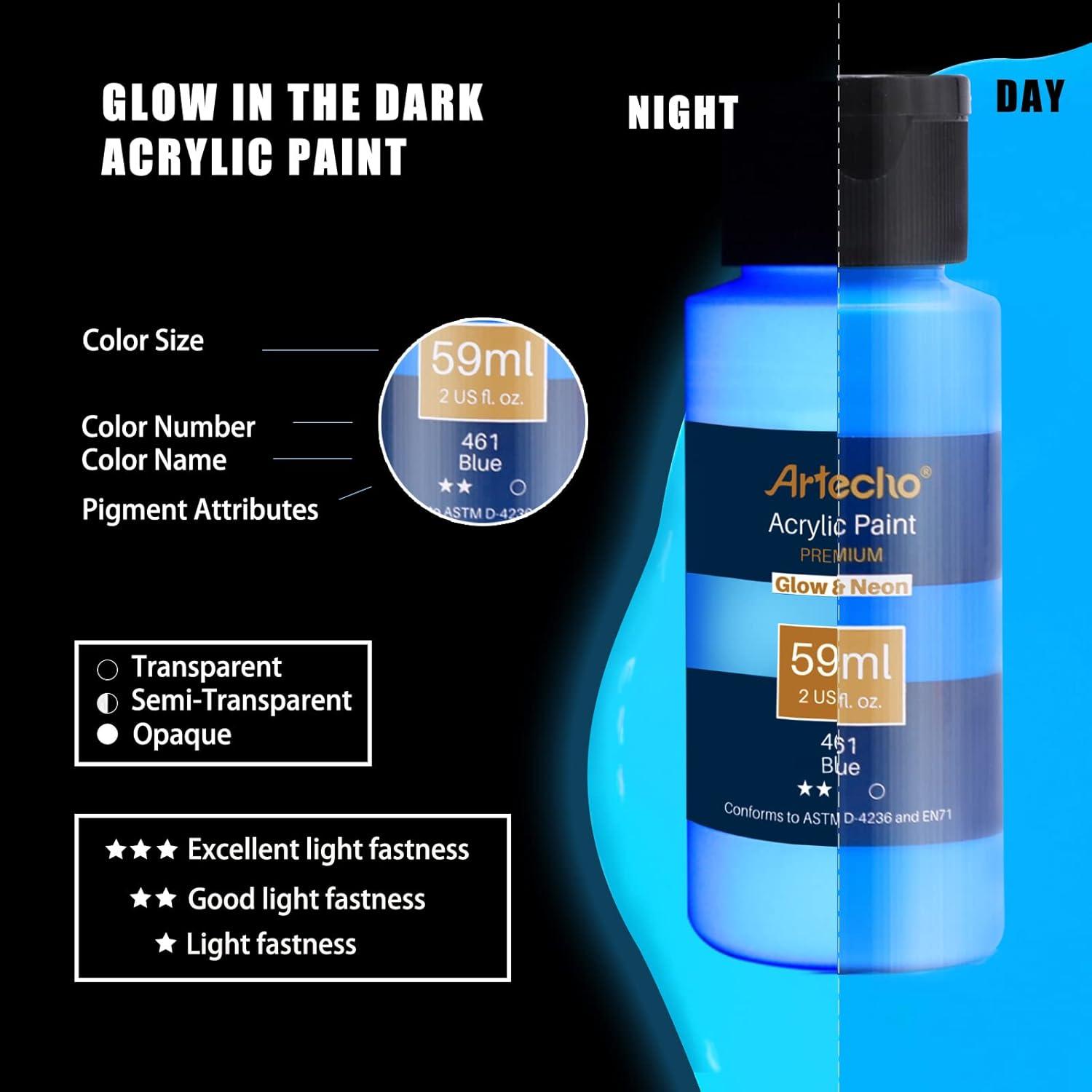 Artecho Fluoreszierende Leuchtfarbe 6x59ml, Nachtleuchtend