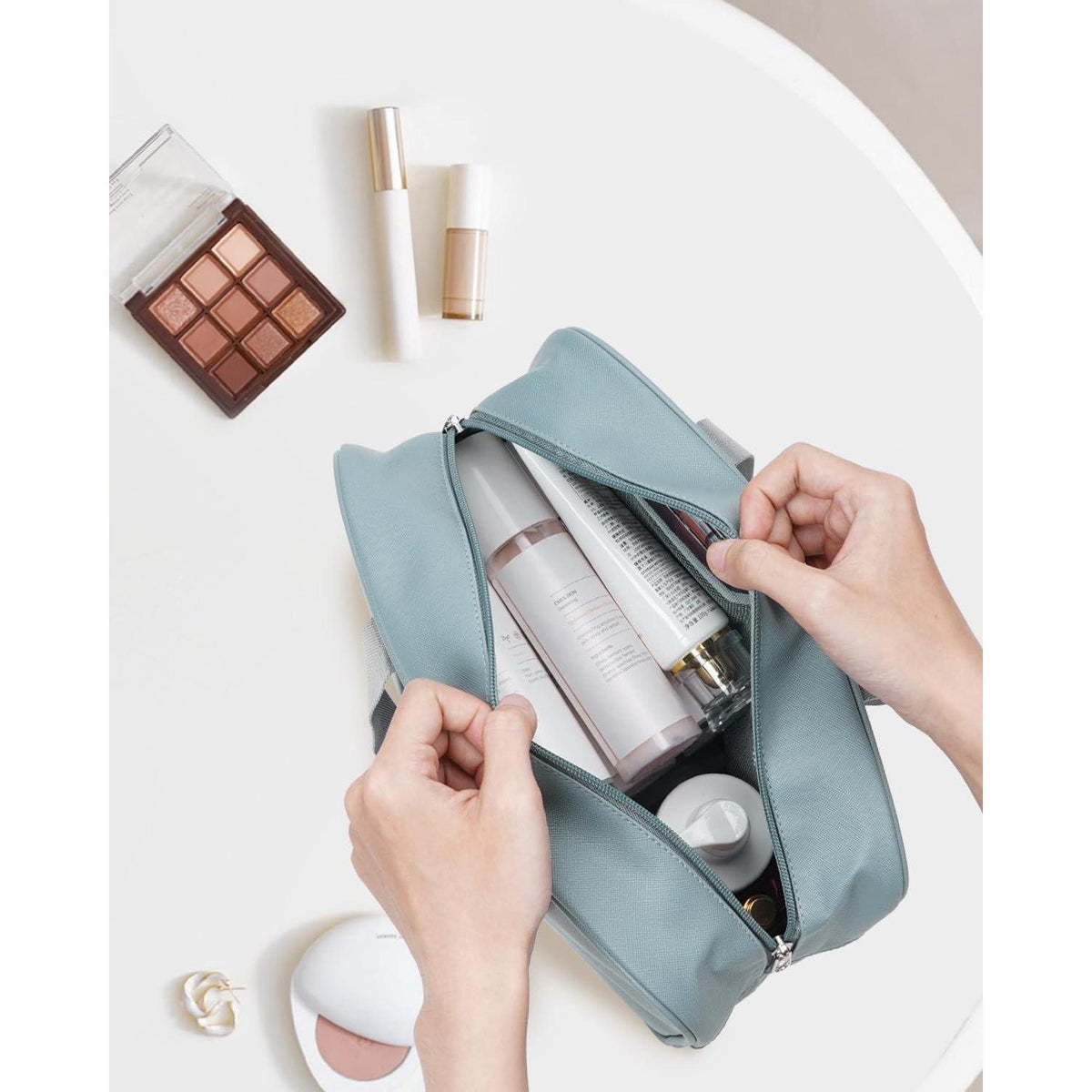 Großer Kulturbeutel A-graublau | Kosmetiktasche Reise Make-up Organizer