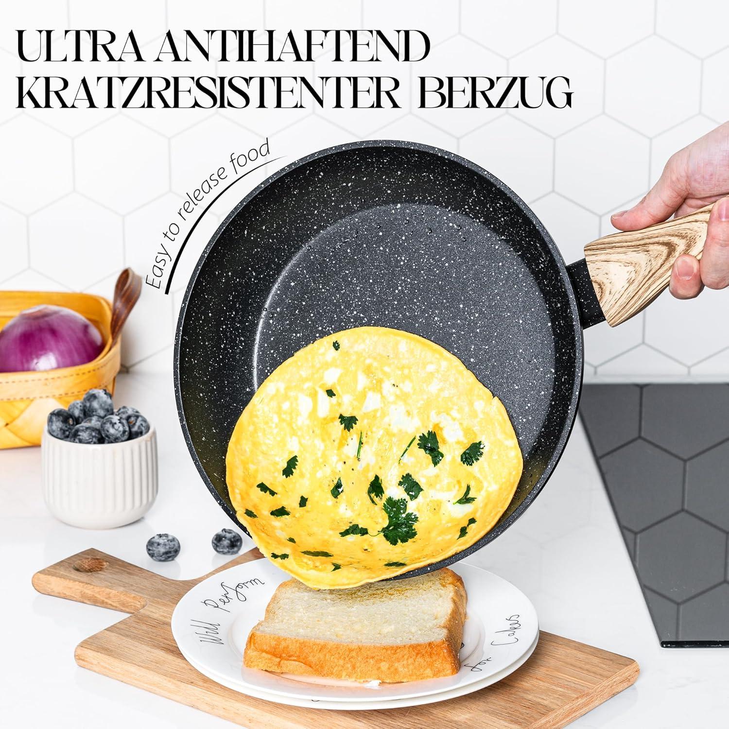 Bratpfanne 28cm mit Deckel, Antihaft Steinpfanne 28CM