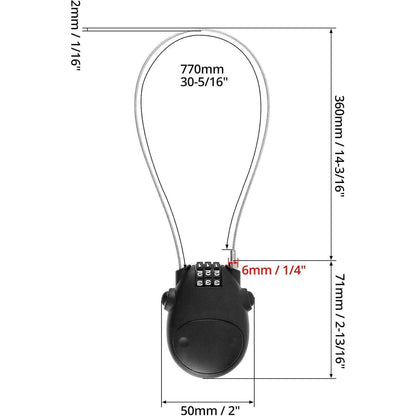 Kabelschloss mit 3 Zahlenscheiben 77cm Stahlseil für